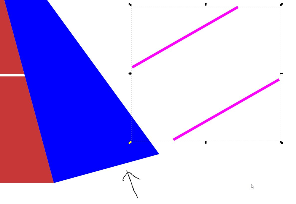 Inkscapeについて 添付のピンクの統合された直線二本を青色オブジェクトの底辺と平行にするいい方法があれば教えてください。 よろしくお願いします。