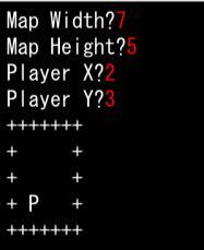 画像のような結果を出すにはどうしたらいいでしょうか 赤文字が入力された数値で map width?は+の横幅 map Height?は+の縦幅 Player X?とPlayer Y?は+で囲まれ...