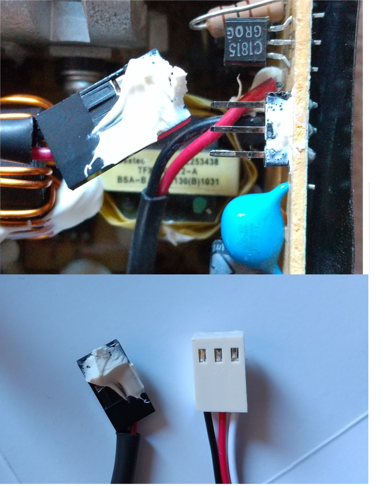 PC用電源のファン交換について PCから異音がしてきたので分解してみたら、電源のファン(2ピン)が原因でした。 分解してみたら交換できそうだったので、手元にあったケース用のファン(3ピン)をつないでみたのですが回転しませんでした。 コネクタの形状的に問題なく接続できそうなのですが、何が原因なのでしょうか？ 対応電圧、回転数はほぼ同じものです。 写真の黒いコネクタが古いもの、白いコネクタが新しいものです。 電源自体は新しいものと交換済みですが、予備として残しておきたいと思っています。 新しいファンはマザーボードにつないだら問題なく回転しました。黒と赤の配線が逆の製品もあるという話を聞き、逆にしてつなぎましたが回転しませんでした。