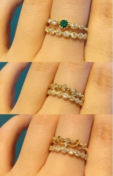 結婚指輪とファッションリングのコーディネートについて教えてください！ 26歳の女です。 結婚指輪をアイプリモのフレイ DR20にしました(今日注文したばかりなのでまだ手元にはありません)。 https://www.iprimo.jp/smt/marriage/rings/frey20LD.html 彼に合わせて結婚指輪はプラチナにしましたが、私が普段つけているファッションリングはほとんどがゴールドでアンティーク調の物です。 特に気に入っているのは写真の組み合わせです。 他にも2〜5種類くらいの天然石を使ったカラフルなエタニティリングや、リボンモチーフの指輪も持ってます。 結婚指輪とファッションリングを馴染ませるために、今後は結婚指輪にゴールドの指輪を重ね付けしようと思ってます。 重ね付け用の指輪は今までのと同じようなアンティーク調の指輪か、あえて装飾がないプレーンリングで引き算するか、どちらがオシャレだと思いますか？ ファッションリングは薬指のサイズは持ってないので新しく買い足す事になります。 宜しくお願い致します。