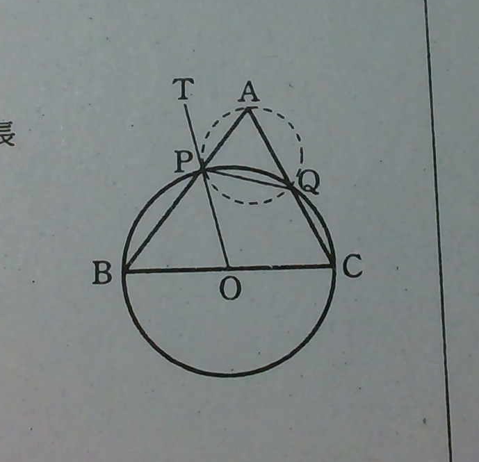 「鋭角三角形ABCの辺BCを直径とする円Oと、辺AB、ACとの交点を、それぞれP,Qとする。また、OPの延長上の点をTとする。このとき、PTは△APQの外接円に接することを証明せよ。」 この問題を解くための手がかりやヒントを教えていただきたいです。 よろしくおねがいします。