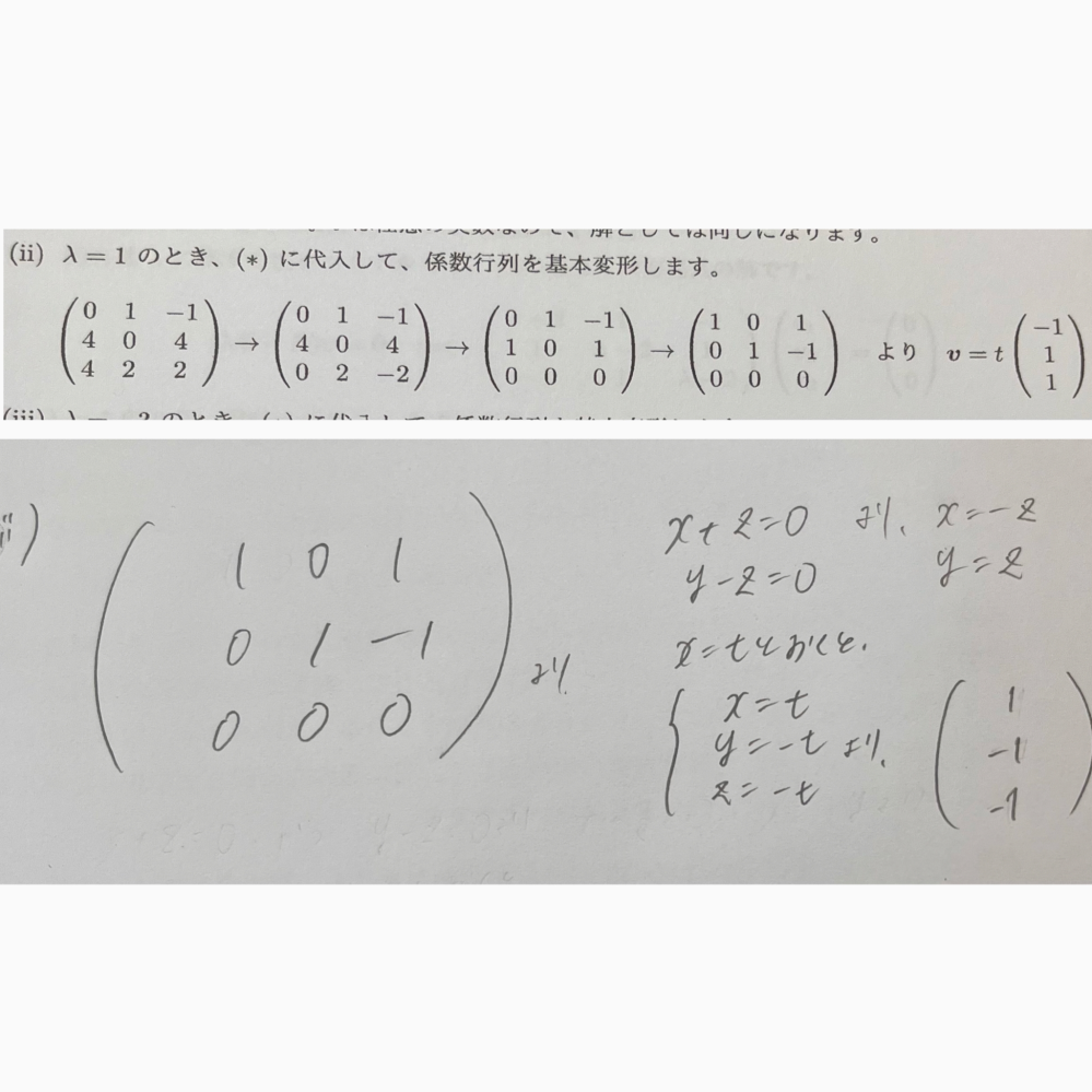 【至急】線形代数です。 画像の上が授業の配布プリント、下が私が解いたものです。 基本変形をして式をまとめる時、画像のように変形して私はxをtと置いて考えたのですが、プリントの答えとズレてしまいました。 ここで質問が二点あります。 1）この出てきた係数は×（-1）したら同じになる数ならいいのか 2）どの文字をtと置くかによって最後に出てくる固有ベクトル（v=t()のやつです）の中身が変わってきてしまう気がするが、それで正しいのか、またこれで置かなければいけない等の決まりはあるのか 昼時のお忙しい時間だとはおもうのですが、どなたかお答えいただけると幸いですm(_ _)m