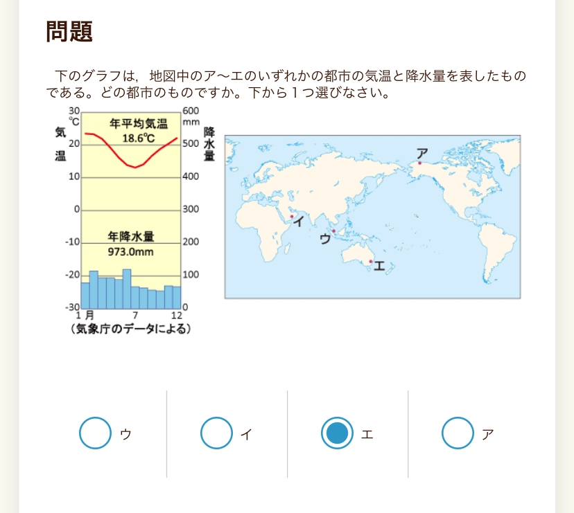 下のグラフは 地図中のア エのいずれかの都市の気温と降水量を表したもので Yahoo 知恵袋