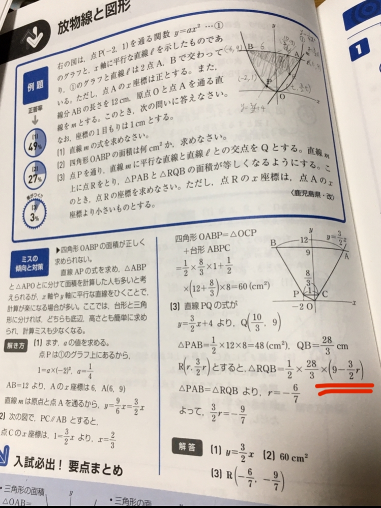 中学数学。 下の問題で、赤線を引いている部分についてです。Rはm上なので、RのX座標が負になる場合を考えたら、9-3/2は成り立たないような気がするのですが…… 納得解釈を間違っているかもしれません。教えてください。