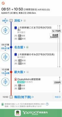 浜松から新大阪に新幹線で行きたいのですが、名古屋で1回降りて