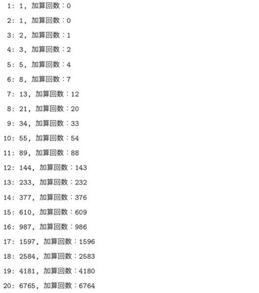 例（画像）のように，再帰を用いてフィボナッチ数列を計算するとき，第 n 項を計算 するために行う加算の回数を数えるプログラムを作成してください