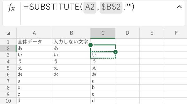 エクセル関数の質問です。 C列にB列の特定文字以外を表示させたいです。 SUBSTITUTE 関数を使うことは分かったのですが、特定文字が複数ある場合はどのような数式になりますか？