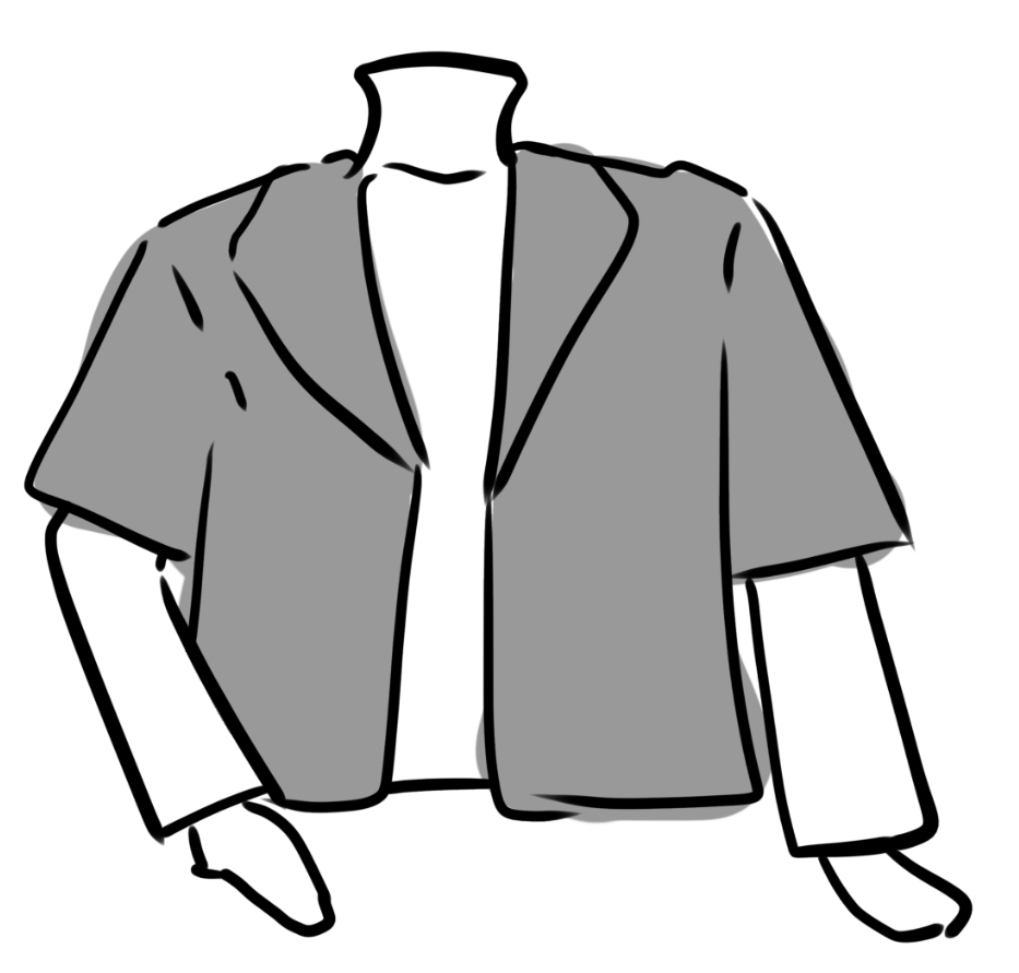 こんな(中が白の長袖でその上に半袖の黒のジャケット？羽織ってる)感じの服を着るとしたら、履くものはどういうものがいいと思いますか？