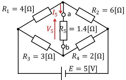 写真の回路図の抵抗R 5を流れる 電流I 5と両端の電圧V 5の求め方と解答を教えてください