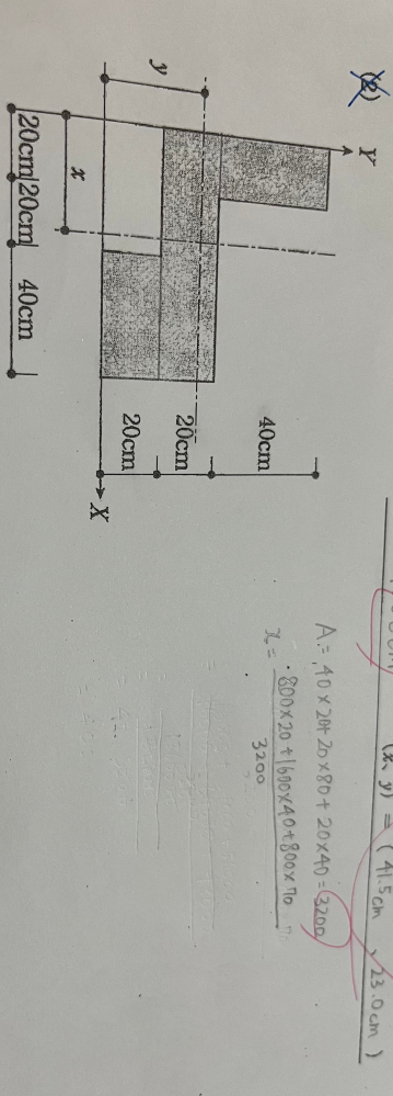図芯の位置xを求めたいのですが、この式は間違えてますか？ また、どこが間違えているでしょうか？