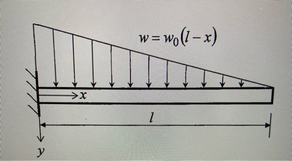 材料力学 •三角形状分布荷重のはりについて ［問題］ 原点から距離xの位置におけるせん断力SxとモーメントMxを求めSFDとBMDを描きなさい。 計算したところせん断力は Sx = 1/2w0(x-l)^2 になりましたが、直感的には上に凸のSFDになるような気がするため間違っているように思います。 となたかご教授のほど頂ければ幸いです。、、、、