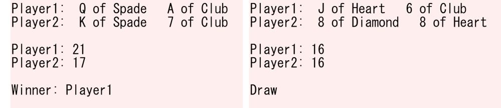 C言語に関する問題です。 以下の配列を使い、ジョーカーを抜いてランダムに並べ替えたトランプカードを使用して，Player1 と Player2 が2枚ずつカードを引いて，その合計数の多い方が勝ちとします。 カードの点数は、数字はそのままの点で、JQKが10、Aが11とします。 引き分けはdrawと表示させてください。 結果の表示は以下の画像のようになります。 解答よろしくお願いします。 int i, tmp, num, max = 51, card[52]; char mark[13][3] = {"A", "2", "3", "4", "5", "6", "7", "8", "9", "10", "J", "Q", "K"}; char suit[4][8] = {"Spade", "Heart", "Diamond", "Club"}; for(i=0; i<=51; i++) { card[i] = i; } for(i=0; i<=50; i++) { num = rand() % max; tmp = card[num]; card[num] = card[51-i]; card[51 - i] = tmp; max--; } for(i=0; i<=51; i++) { printf("%2s of %-7s ", mark[card[i]%13], suit[card[i]/13]); if((i+1)%5==0) { printf("&yen;n"); } }