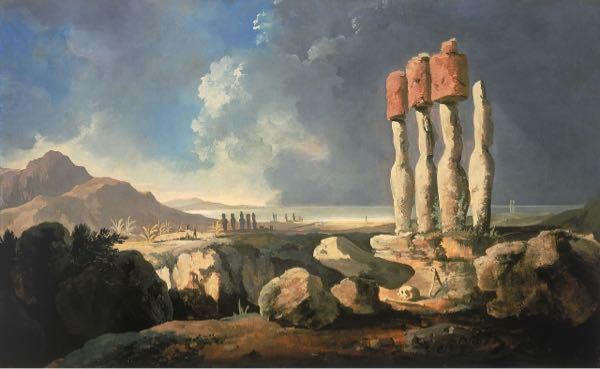 以下の絵は、1774年にイギリス人探検家のジェームズ・クックがイースター島に上陸した時の島の様子を描いたものです。 しかし、この絵を見て思ったのですが、絵の右側部分に描かれている4本の細長い構造...