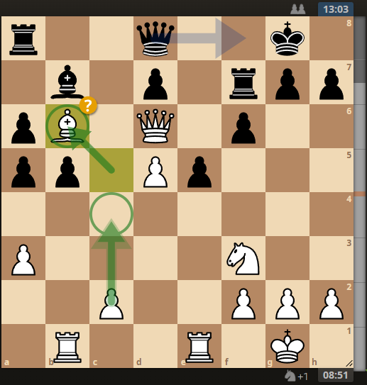白Bb6は悪手で、白c4が最善手とのことです。b7地点の黒ビショップを狙ったポーン突きだとわかるのですが、優先順位をこちらにするにはどう思考すればよろしいでしょうか？よろしくご教示ください！！ ...
