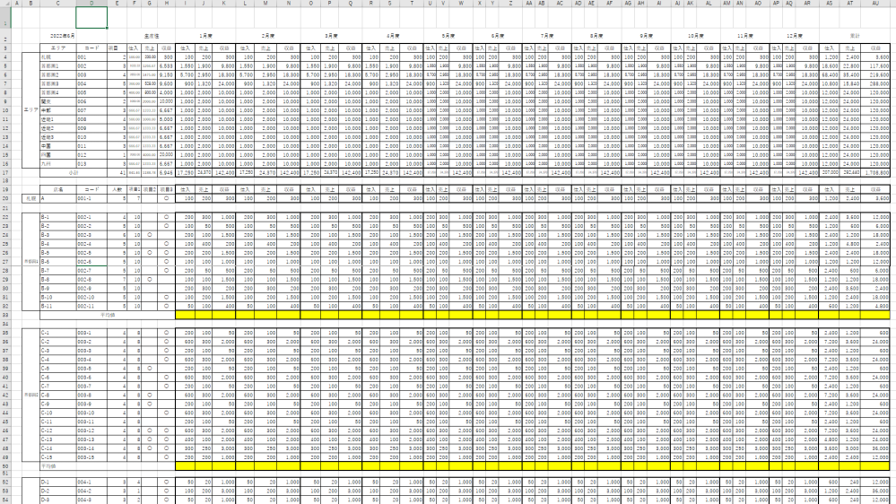 VBAで、空白行に囲まれた範囲の最終行に、平均値を数式で表示したいのですがどうかご教示ください。 C列にあるセルに「平均値」とあった場合、 その行のI列～AU列（画像の黄色い部分）に平均値を出...