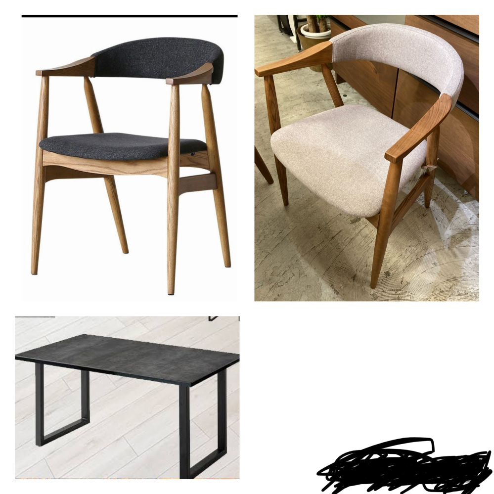 画像のダイニングチェアとテーブルは合わないでしょうか…？ テーブルはダークグレーでセラミック。脚はアイアンです。 椅子はライトグレーの物とダークグレーの物と2つ候補に上がっています。 椅子の脚の色はライトグレーの画像の方が実物に近いです。 インテリアの画像を見ているとセラミックに木製の椅子を合わせている画像がほとんどなく、やっぱり合わないかなぁ…と迷っています。 私自身は北欧系やら韓国系やらインテリアについてはまったく分かっていません。 皆様のご意見をお聞かせください。 宜しくお願い致します。