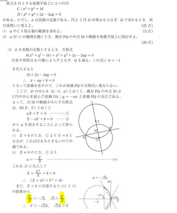 高校数学座標と図形です。 (2)で画像の黄色い部分は-Y/Xにならないのはなぜでしょうか？ (1)の答えはa<-√3, √3<aです。ですから -Y/X<<-√3, √3<-Y/X だと考えたのですが。