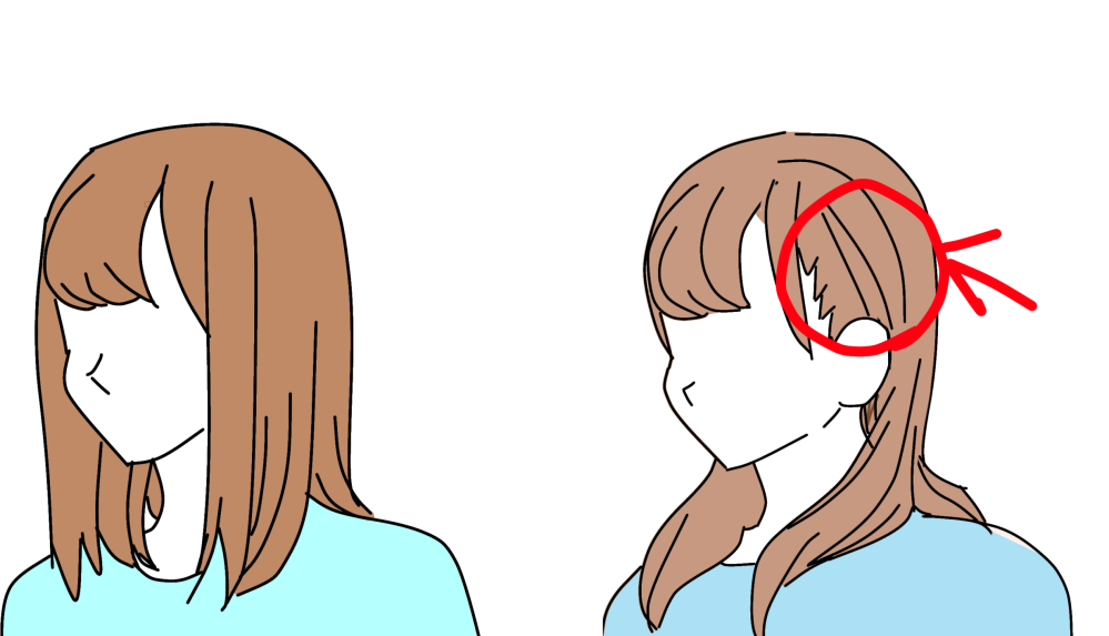 ロングヘアの耳かけ？についての質問です。 私の髪は画像の左側のように横から見ると顔が見えなります。 画像の右側の赤丸のように耳が出る髪型にしたいのですが、どのようにすれば良いでしょうか…？ 左右で髪の長さが異なるように見えますが、同じ長さだと考えて頂きたいです…！