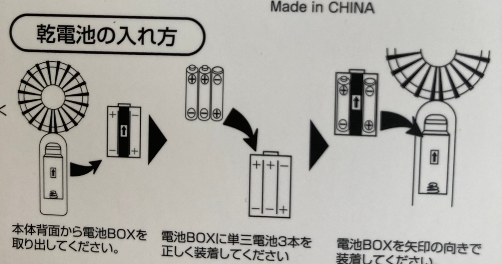 乾電池の入れ方 乾電池式ファン購入したのですが 電池の入れ方がわかりません。 単三3本入れるのですが バネがマイナスですよね？ 説明書だと左は下が−で1番右が＋になってますが 1番右はバ...