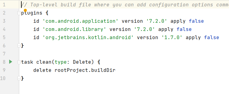 【AndroidStudio】 build.gradle(Project) について質問です kotlinでRealmを勉強しようと、こちらのサイトを見つけまして。 https://mtnmr.hatenablog.com/entry/2022/01/10/172445 ↓↓↓ Realmをインストールする build.gradle(Project) ---------- dependencies { classpath "io.realm:realm-gradle-plugin:10.9.0" //classpathを追加、バージョンは確認する } ---------- と書いてあります。 自分のプロジェクトのbuild.gradle(Project)は添付画像のようになってまして dependencies {}の記述がありません。 １）dependencies {}の記述が最初はない、というのはOKなんでしょうか？（build.gradle(Module)の方にはあります。解説サイトが間違ってるってことないですよね？） ２）build.gradle(Project)にdependencies {}ごと追加する、という認識でいいのでしょうか。 ⇒追加する場所に決まりはありますか？どこでもいいなら一番最後に記述しようと思っていますが。 以上2点、よろしくお願いいたします。