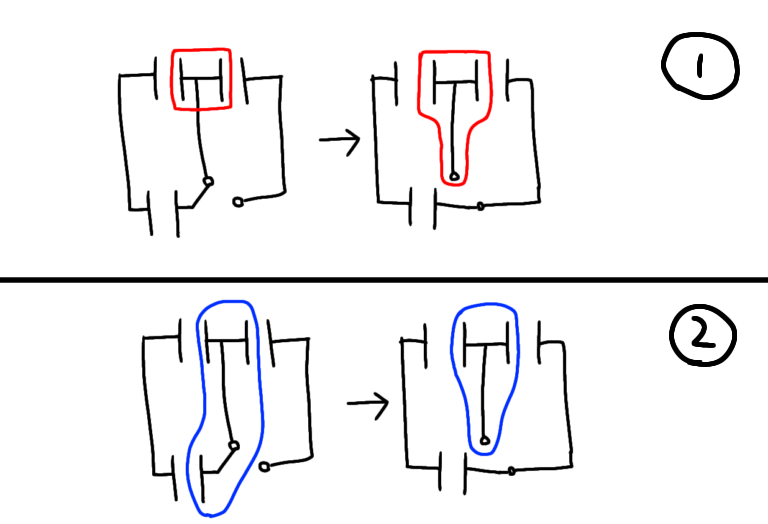 コンデンサーの独立部分の電荷量保存について質問です。 模範解答では①の赤枠部分で電荷量保存の式を立てていました。 私は②の青枠部分で式を立てて不正解でした。なぜ②ではダメで、①が正解なのでしょう...