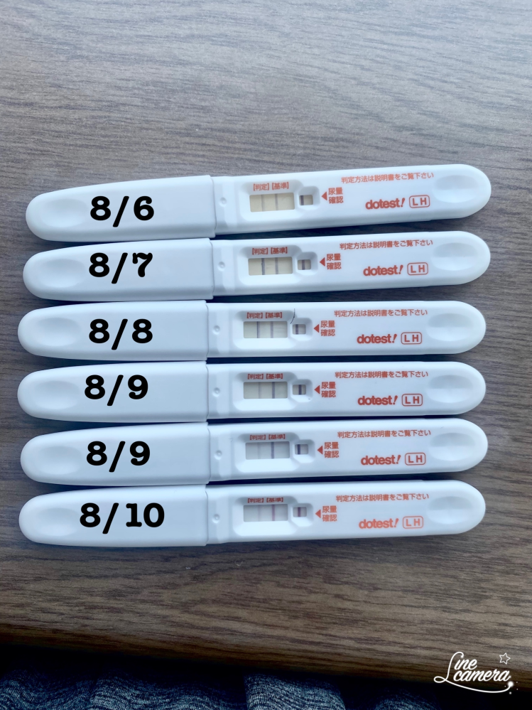 ※排卵検査薬の画像でます。 排卵検査薬を使用したのですが、８月7日〜8日が強陽性になっているので9日か10日が排卵日かなと思ったのですが、体温が上がりません。 婦人科でも６日にもうすぐ排卵する...