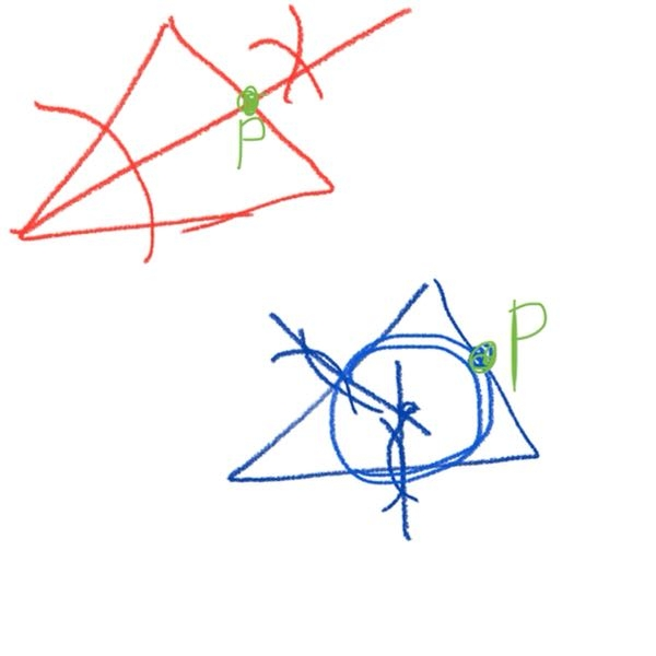 中1数学です。辺abとbcまでの距離が等しい点pをbcじょうに作れって問題なんですが(写真の上は答えのやり方，下は自分)これでもいいんですか？