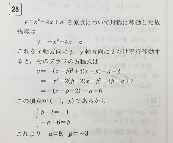 知恵コイン100枚です 7行目の -x²+2(p+2)x-p²-4p-a+2 から 8行目の -(x-p-2)²-a+6 になる理由が分かりません -p²-4p-a+2をたすきがけするのかな？とか思ったのですが出来ないような気もして… ちなみに問題文は、『2次関数y=x²+4x+aのグラフを原点について対称に移動し、さらにx軸方向にp、y軸方向に2だけ平行移動したところ、頂点が(-1，p)になった。a，pの値を求めよ。』です