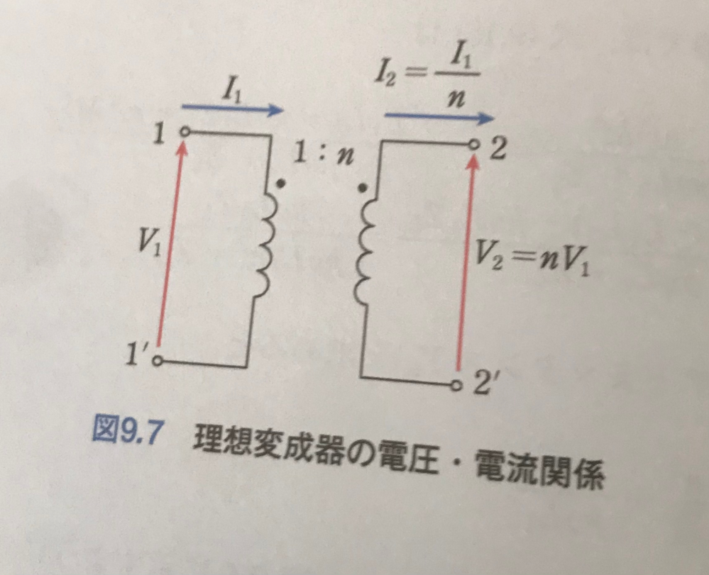 理想変成器の電圧・電流の関係について。 画像と反対の極性の場合（左上、右下黒丸） I2=-nI1 V2=-V1/n であってますか？