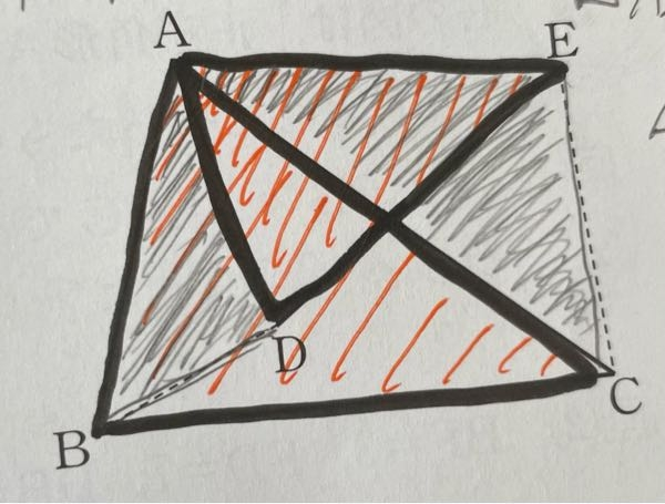 至急です。 三角形の相似の証明を教えていただきたいです。 画像に色を塗ったり線を引いたりしてしまったので分かりにくいかもしれません。すみません。 三角形ABCと相似な三角形ADEをつくり、BとD、CとEを結ぶ。 このとき、三角形ABD~三角形ACEであることを証明しなさい。