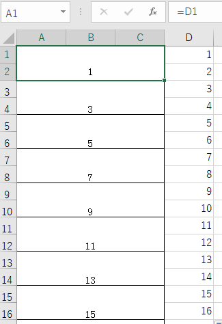 画像のように結合したセルに対して順に数式参照させる方法はありますでしょうか？ 通常であれば、A1=D1とした後に、A１セルの右下を黒十字表示にして、下側にドラックすれば順にA2=D2となる操作を...