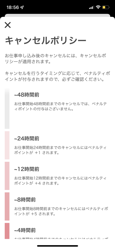 タイミーのキャンセルポリシーは、24時間前からがペナルティ