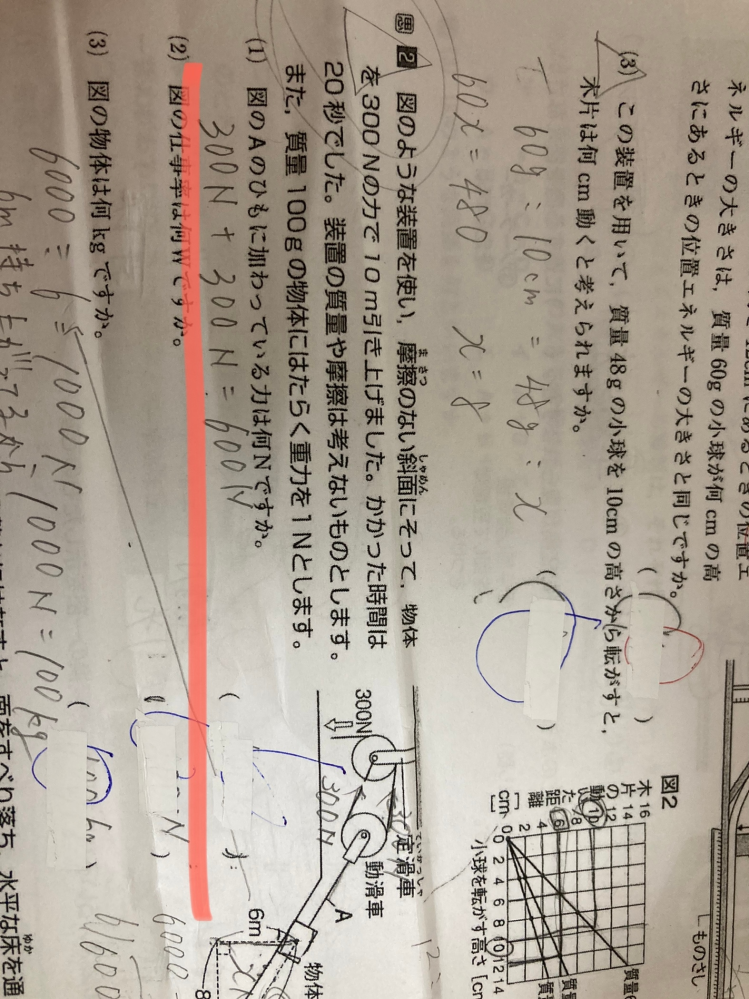 なんでここ600Nなんですか？ 動滑車だから重さ半分になるんじゃないんですか？見えにくかったらごめんなさい。