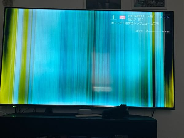 暗がりでテレビの電源をつけると写真のように画面に縦線が入るよう
