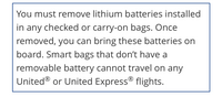 ユナイテッド航空について質問です。 今度ユナイテッド航空のベーシックエコノミーで渡米するのですが、下の写真のような説明が書いてありました。わたしはリチウム電池のモバイルバッテリーを持っていて、機内に持ち込みたいのですが、この写真の説明だと無理ということですか？ 英語だったので翻訳したのですがよくわかりませんでした。