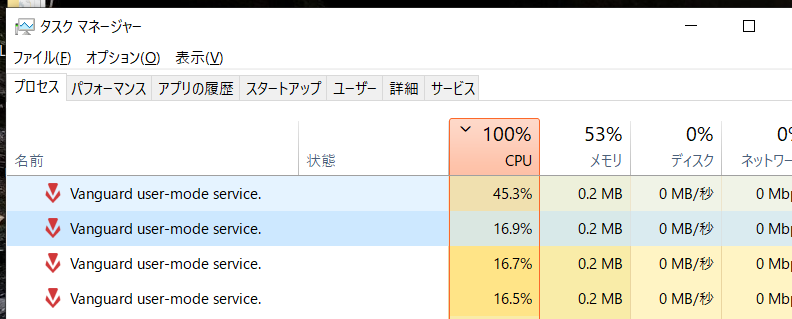 Valorantをアンインストールしようとしたらいろいろと不具合が起きて正しく行うことが出来ません。 Valorantはアンインストールできましたが、Riot vanguardが一生消えずに残っています
何度アンインストールしても消えません
そして急にPCが重くなってタスクマネージャーを開くと、裏でVanguart関連の何かがずっと動いているみたいです
何をやるにしても重たいので、Ri...