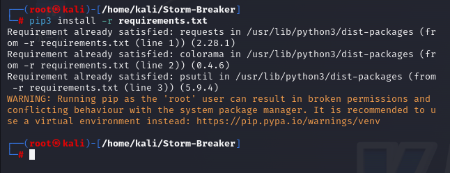 kali linuxについて質問です kali linuxでstorm-breakerを使おうとしていたのですが画像の段階で進めなくなりました いろいろ自分なりに調べては見たもののこれといった解決方法が見つからず、、 わかるかたどなたか教えてくださいm(ー_ー)m