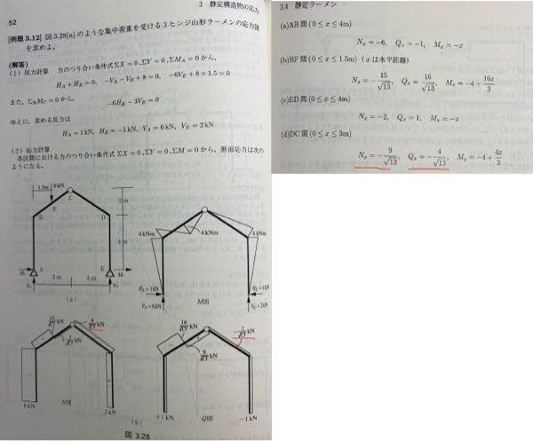 建築構造力学の質問です。 - 3ヒンジ山形ラーメンの問題で、DC間の応力