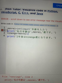 至急！高1情報の問題です。
pythonで、
「わたしの年齢（nenrei）は〇〇歳です。」
「2年後は⬜︎⬜︎歳になります。」 と入力の関数を使って表示したいのですが、エラーになります。どこが違うのか教えてください。お願いします
正解も教えてください