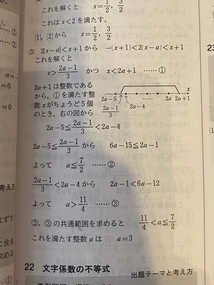 スタンダード演習の21(3)の問題なのですが 不等式 2│x－a│ ＜ x＋1 を満たす実数xがちょうど5個あるとき、整数aの値を求めよ。 という問題なんですが、なぜ場合分けなしで絶対値外せるのでしょうか？ x＋1が正か負か分からないのにそのまま不等式の形に持って行ける理由を教えて頂きたいです。