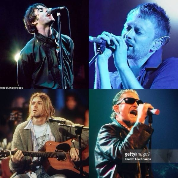 この4人の中でどのボーカリストが一番好きですか? 好きな曲も付け加えていただけると幸いです。 左上: Liam Gallagher (oasis) 右上: Thom Yorke (radiohead) 左下: Kurt Cobain (Nirvana) 右下: Layne Staley (Alice in Chains)
