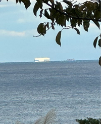 この白い船はなんですか？
11月11日15時ごろ、宮城県南三陸沖にいました。
写真は海抜約20mの海岸線から撮影したものです。
水平線の手前あたりにいるように見えたので、かなり大きいと思います。 ネットで検索してもそれらしき船を見つけることができませんでした。