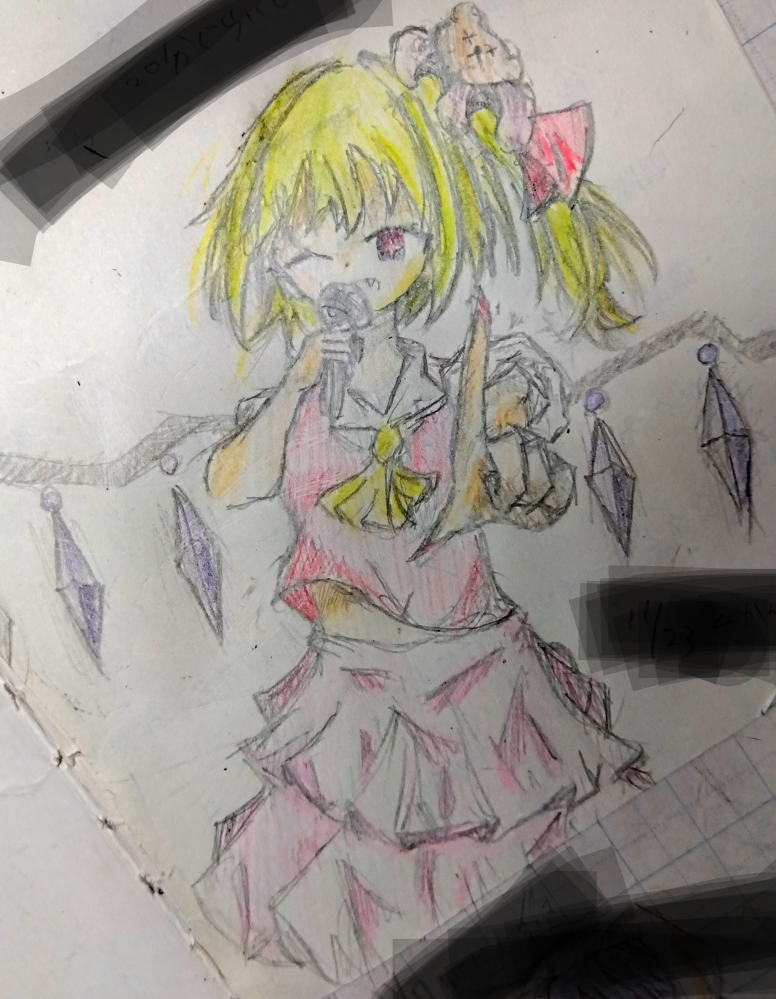 イラスト評価お願いします!中1です。 良い所(なければないで大丈夫です)、悪いところなどをあげてほしいです。 フランドール・スカーレットを推しの子風に描きました。 ポーズは同じですが模写ではありません。 また、お金がないので学校で使うような12色の色鉛筆を使っているのですが、やっぱり何か買ったほうがいいのでしょうか?