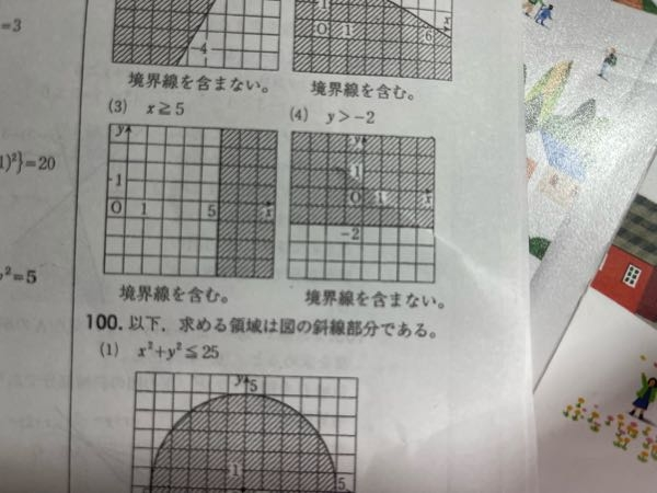 不等式の表す領域についてです。（4）のような横線は上側と下側の分け方は分かるのですが、縦線のときは上側と下側どう見分けたらいいんでしょうか？教えてください