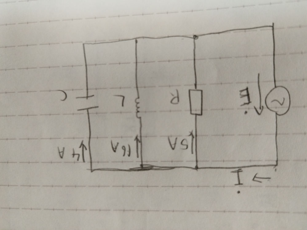 下のRLC回路の合成電流の求め方が分かりません。どなたかわかる方いましたら回答とともに説明もお願いします