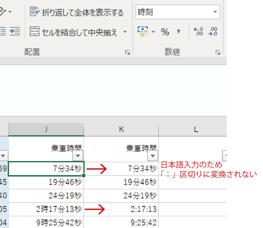 エクセルの時間表示 エクセルで分析したいデータがあり、 時間表示を（例）「7分34秒」→「0：07：34」に変換したいです。 画像の通り1時間以上のセルはシリアル値で入力されているため変換できるのですが、 1時間未満のセルだけ時分秒が日本語で入力されているためか、 表示形式を変えてもTIMEVALUE関数を使用しても表示が変わりません。 日本語手入力で入れられた時間を、表示形式で変換可能（できれば一括で）な状態にすることは可能でしょうか。 ※「分」を検索と置換で「：」に一括置換、秒は一括削除するという方法を試しましたが、秒の数値の後に「：00」が追加されてしまい、分→時 秒→分と繰り上がってしまいました。（7分34秒→7：34：00となり7時間の情報に代わってしまう） ※このデータは今後追加されていくものなので、式や書式設定のコピーでできるものだと助かります。 エクセル初心者のため詳しい方のお力添えをお願いします。