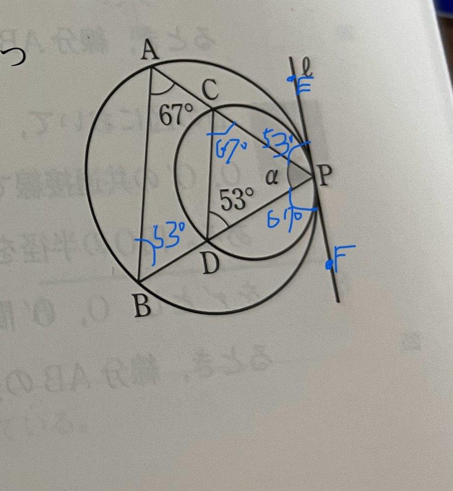 この解き方合ってるか教えてください。 Q.図で、αを求めよ。ただし、直線lは2つの円の共通接線で、点Pは接点である。 A.接弦定理より∠BAP=∠BPF=∠DCP=67° ∠ABP=∠APE=∠CDP=53° 180°(67°+53°)=α α=60°