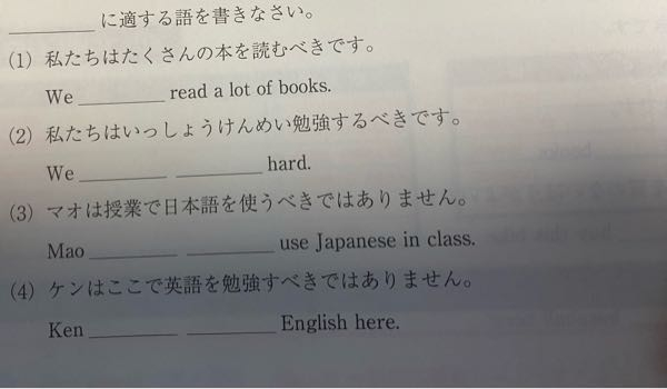 中2英語 1、should 2、should study 3、should not 4、shouldn't study で合ってますか？