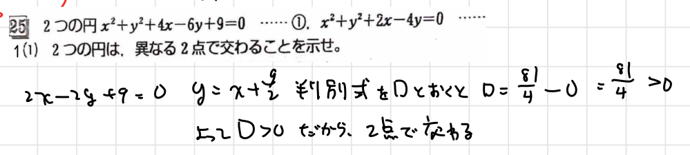 円の方程式が2点で交わることを示す問題で、解答では外接内接どーたらこーたらで示してて、そっちも理解できたのですが、自分のように、二式の交点を通る方程式を、判別式により？示したら間違いなのでしょうか。