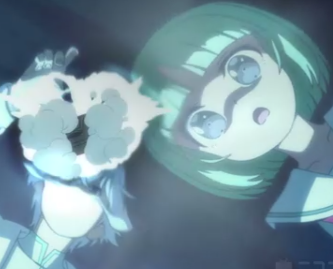 このアニメキャラは誰ですか？ 緑髪のショートカットの少女の左にいる男(？)